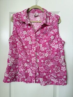 Vintage Disney Stpre Hot Pink & White Hawaii Floral button tank XL
